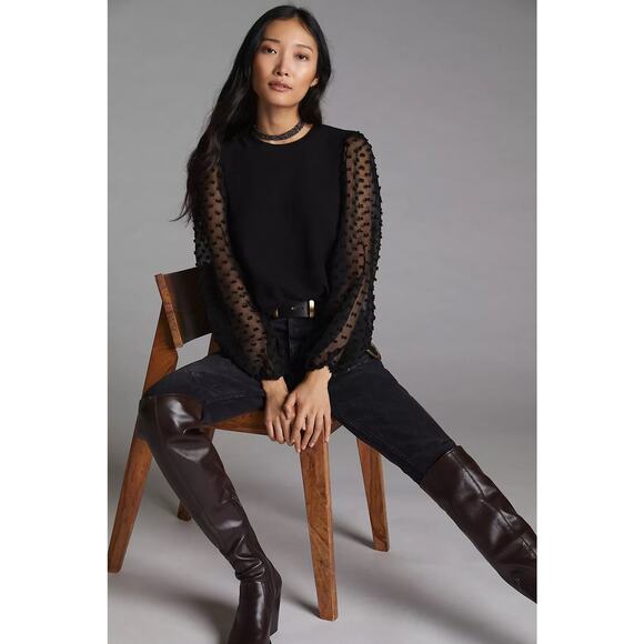 Anthropologie Maeve Textured-Sleeve Top Black Medium Chic Dark Romantic Edgy - Picture 4 of 13